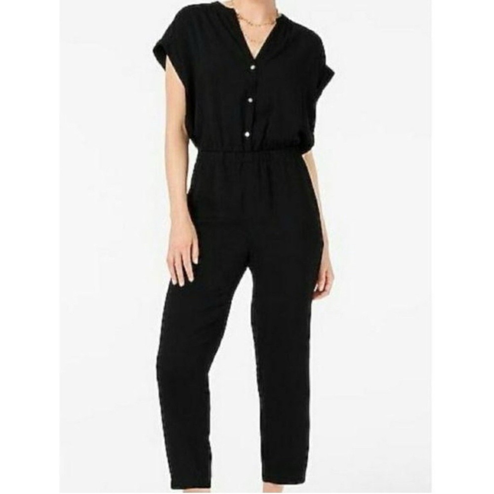 J. Crew Womens Black Cuffed Camp-Shirt Button Down Top V-Neck Jumpsuit Romper XS